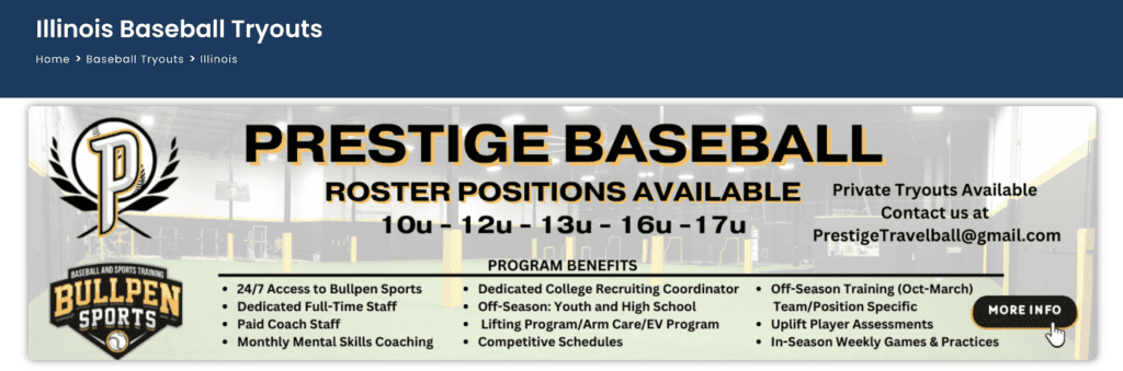 Teams and tryouts search pages Top Page Banner Ad option on BaseballConnected